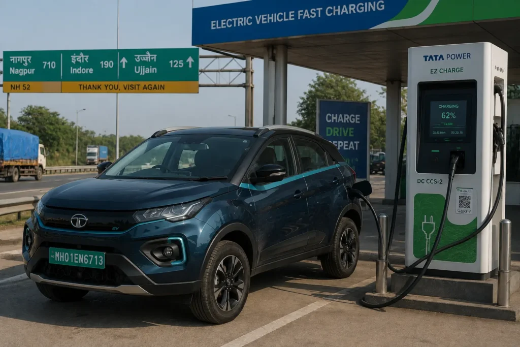 Tata Nexon EV fast charging during an Indian highway trip”