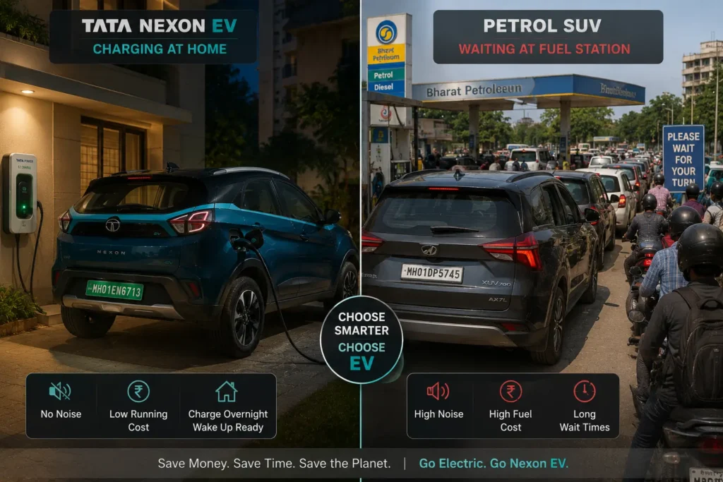 Tata Nexon EV home charging compared with petrol refueling