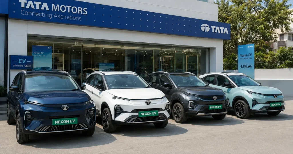 Tata Nexon EV variants displayed at an Indian dealership