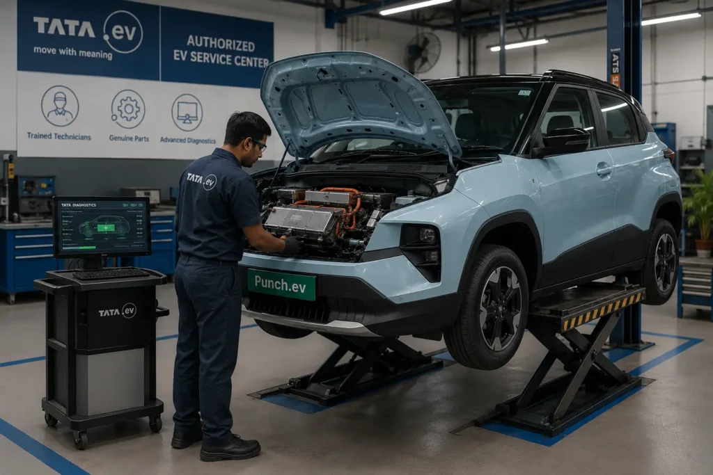 Tata Punch EV battery inspection at an Indian service center