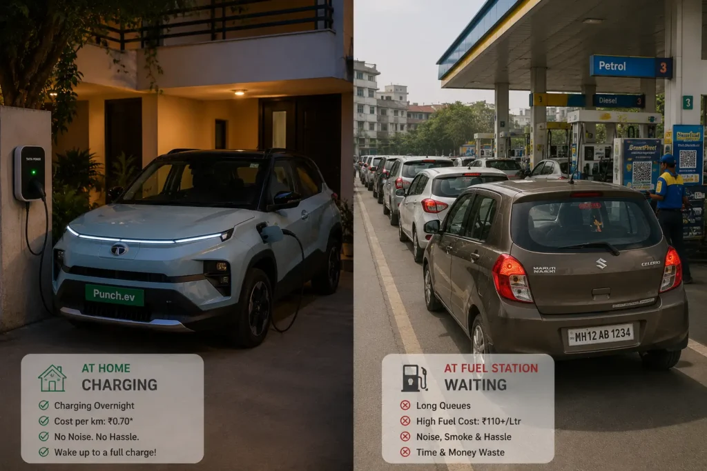 Tata Punch EV charging at home compared with petrol refueling