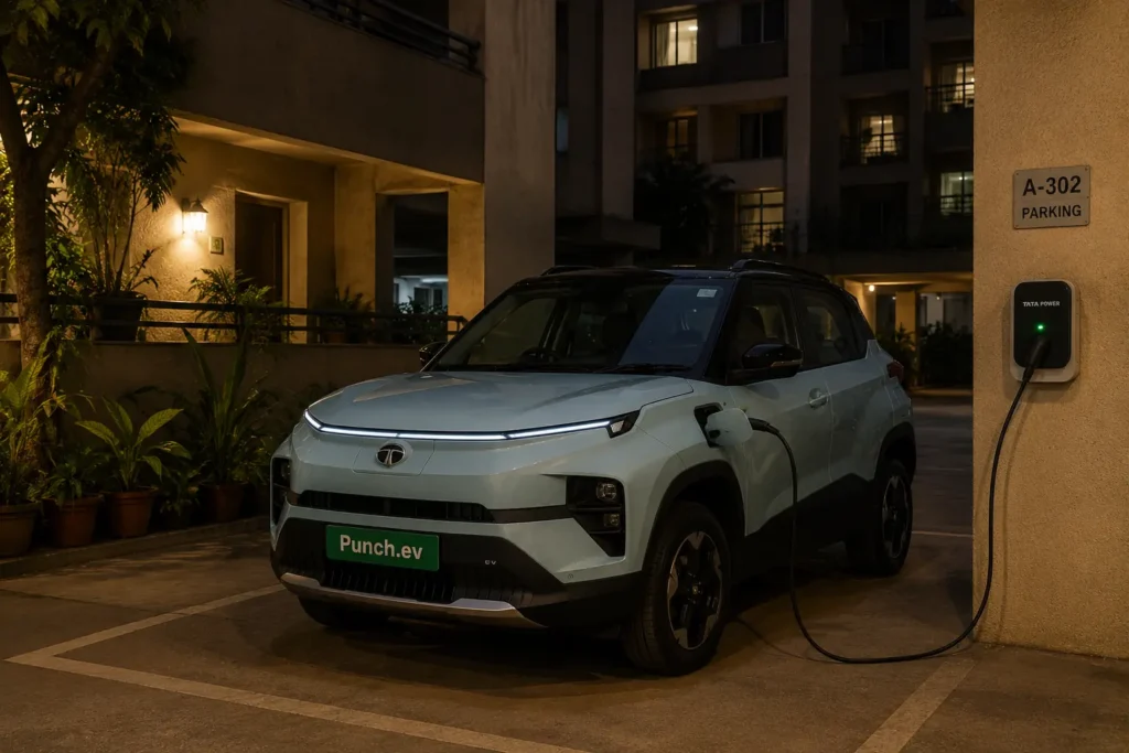 Tata Punch EV charging overnight at home in India