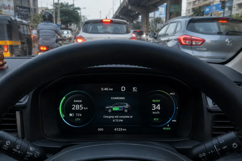 Tata Punch EV dashboard showing battery range during city driving