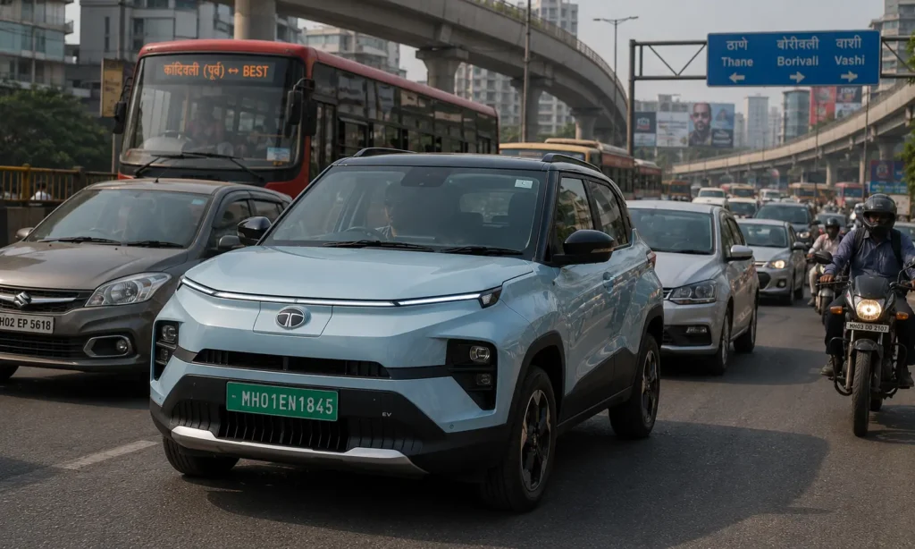 Tata Punch EV in heavy Indian city traffic during daily commuting