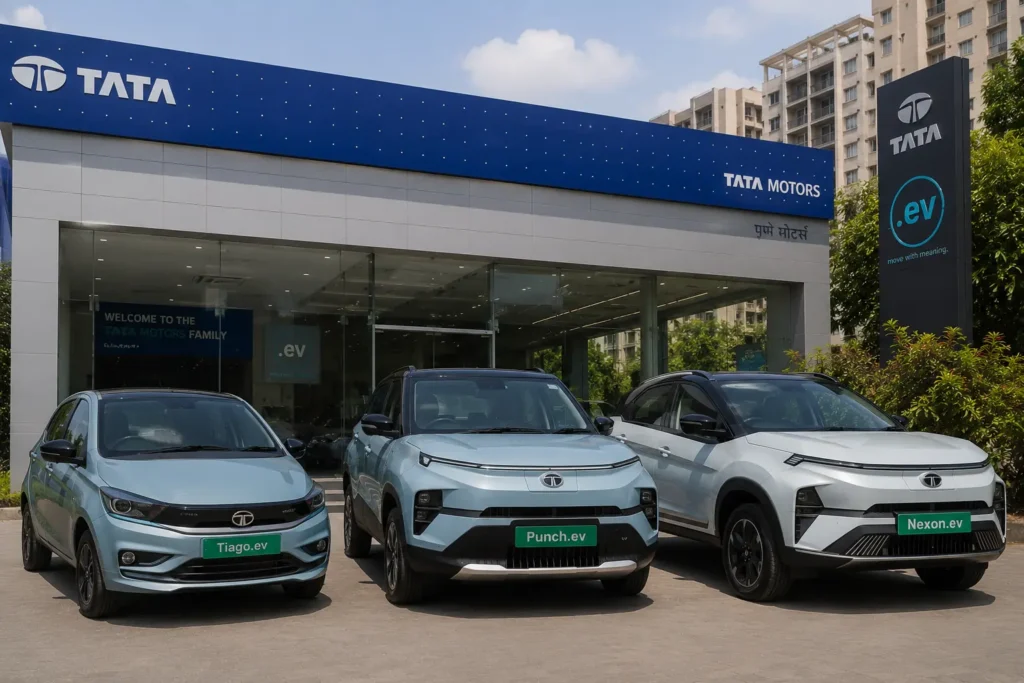 Tata electric vehicle lineup displayed at an Indian dealership