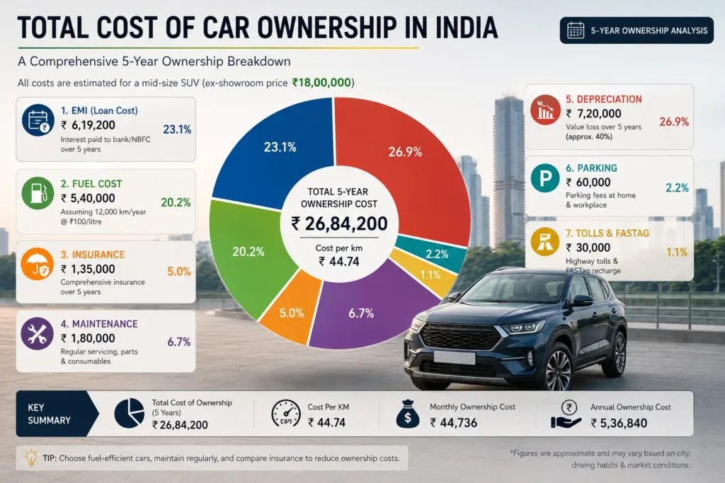 Breakdown of total car ownership cost including EMI, fuel, insurance and maintenance. cost of car ownership in India