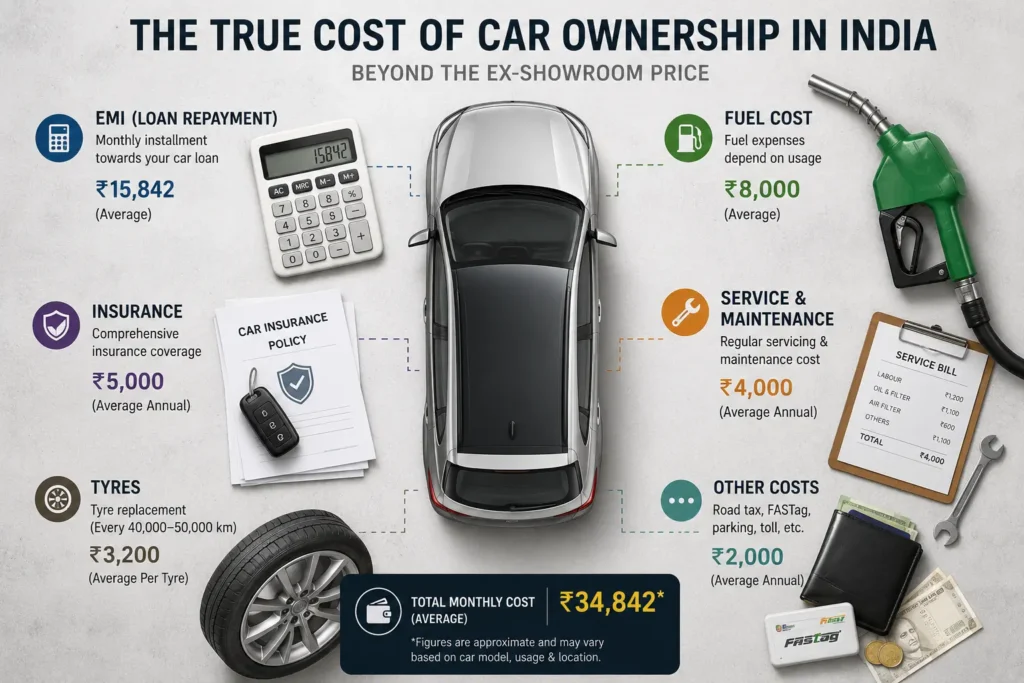 Car ownership cost breakdown showing EMI, fuel, insurance and maintenance expenses in India