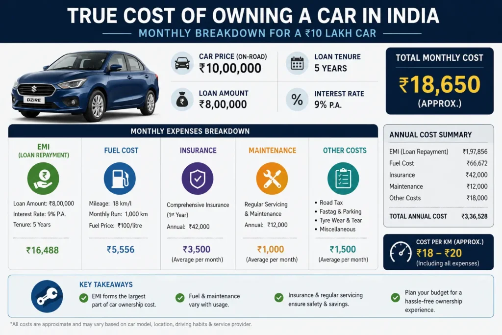 Monthly ownership cost breakdown for cars under ₹10 lakh in India