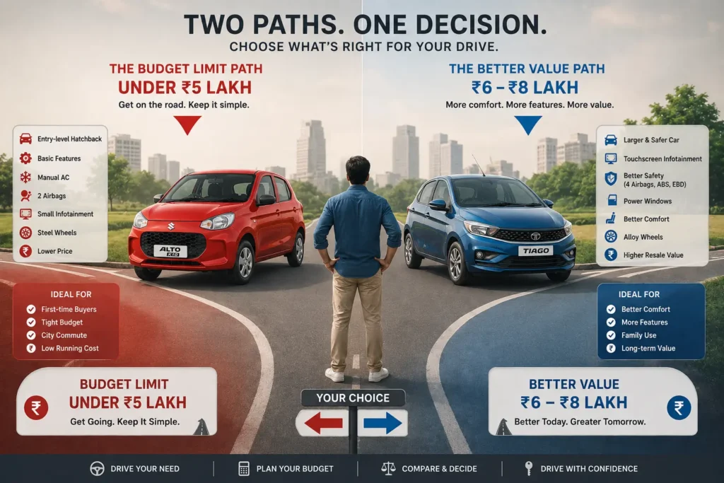 Comparison between ₹5 lakh budget cars and slightly higher budget cars in India