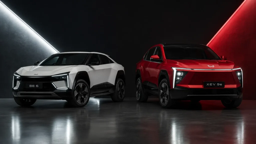 Exterior styling contrast between Mahindra BE 6 sporty coupe SUV and XEV 9e luxury SUV.