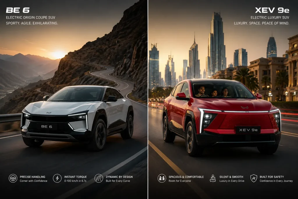 Lifestyle comparison of Mahindra BE 6 sporty drive and XEV 9e family luxury cruising.