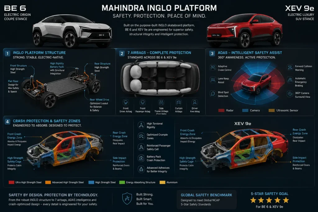 Mahindra BE 6 and XEV 9e safety structure with airbags and ADAS features.