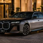 2026 BMW i7 luxury electric sedan front three-quarter view parked outside a premium hotel.