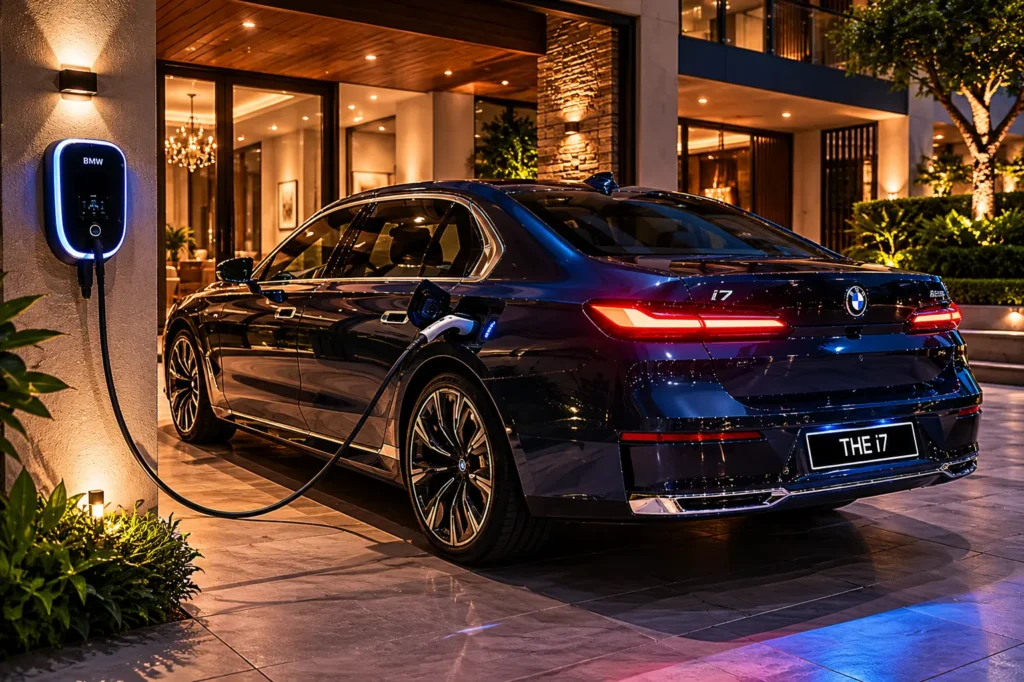 BMW i7 charging overnight at a luxury residence using an AC wall box.