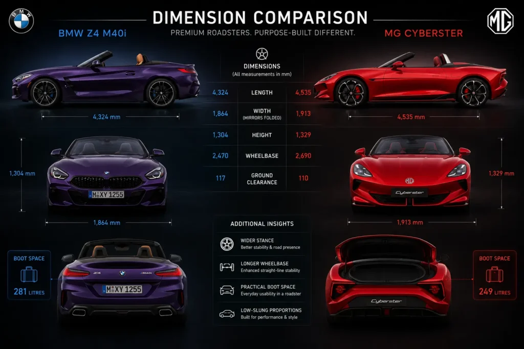 BMW Z4 and MG Cyberster dimensions comparison