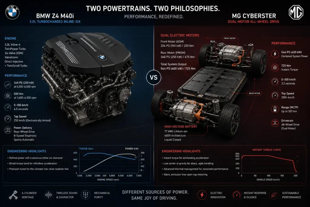 BMW Z4 petrol engine versus MG Cyberster electric powertrain