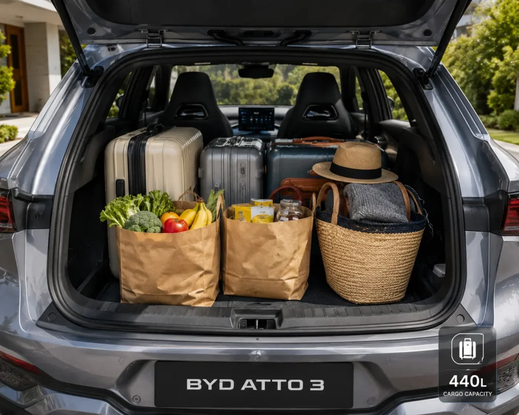 Boot space inside the BYD Atto 3 with luggage loaded.
