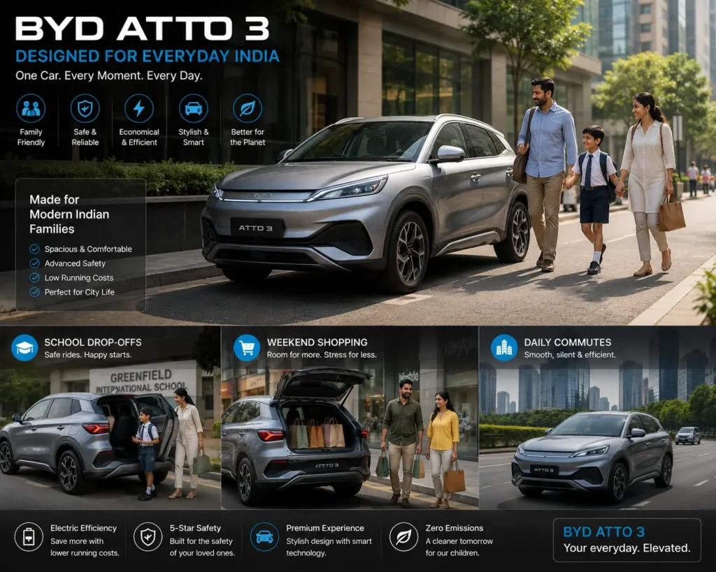 Family using the BYD Atto 3 for everyday city commuting.