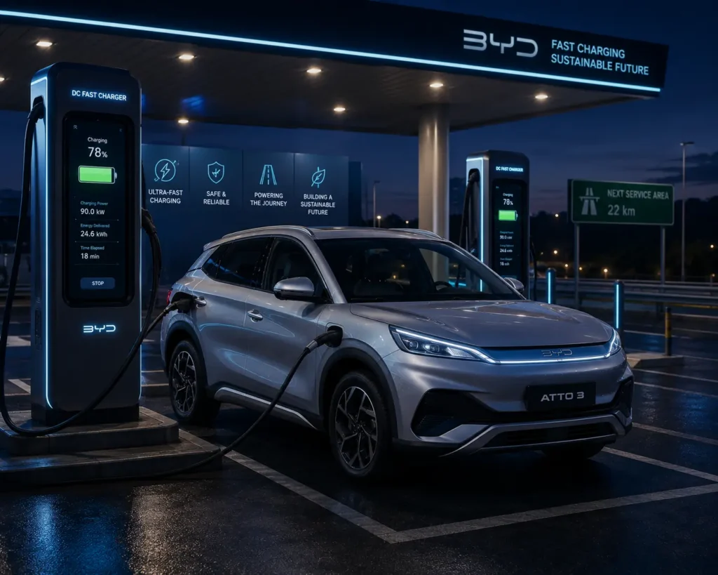 BYD Atto 3 connected to a public DC fast charger.