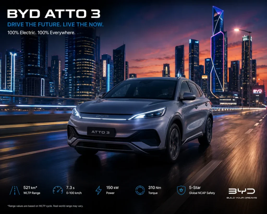BYD Atto 3 driving through a futuristic city at night.