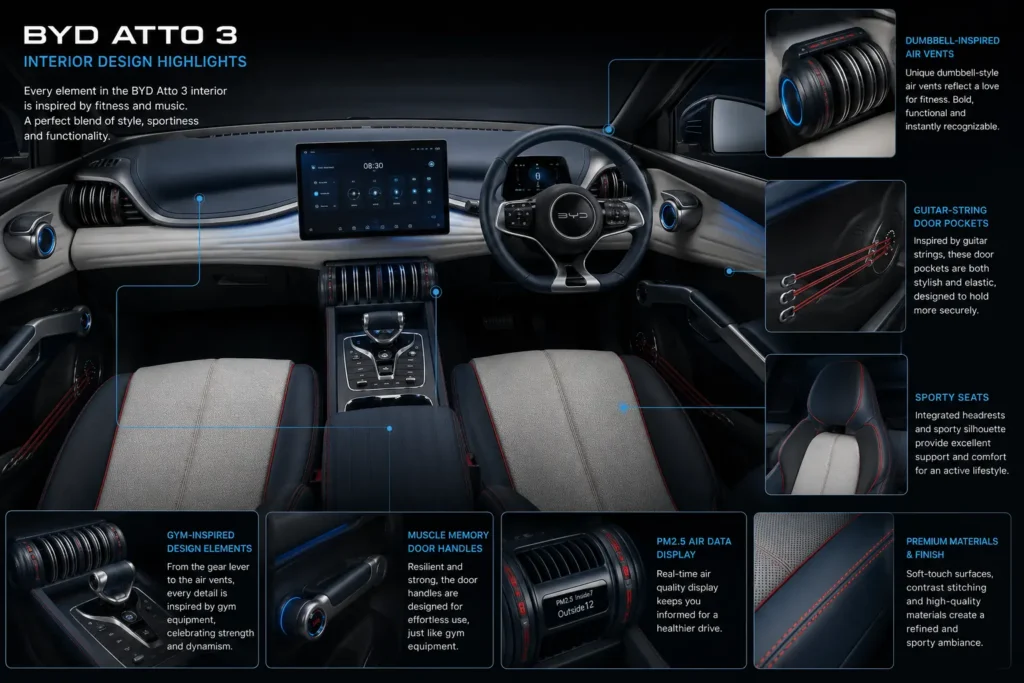 Unique gym-inspired interior design inside the BYD Atto 3.