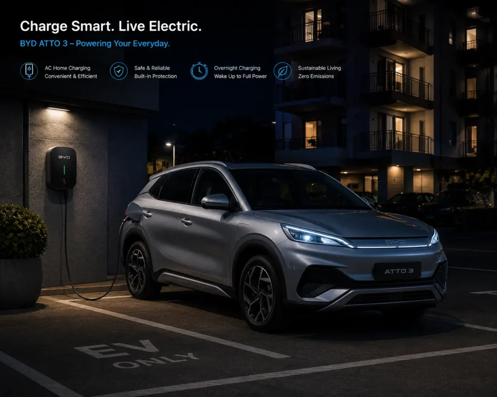 BYD Atto 3 charging at home using an AC wall charger.