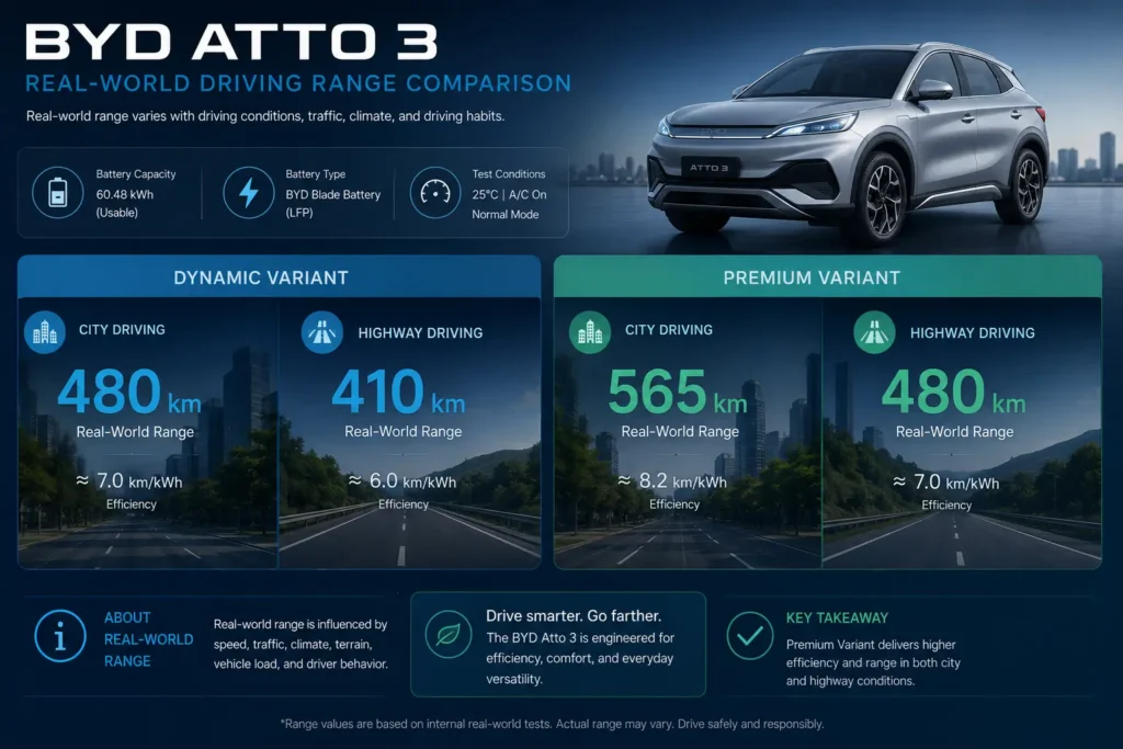 BYD Atto 3 range comparison infographic for different battery variants.