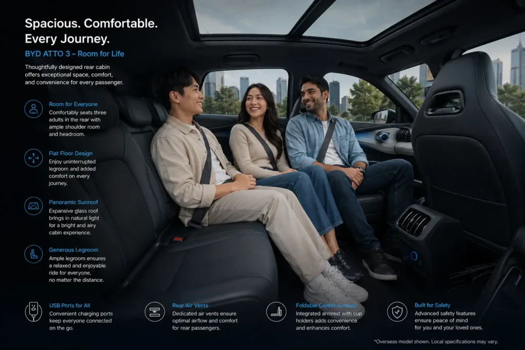 Rear passenger comfort and flat floor inside the BYD Atto 3.