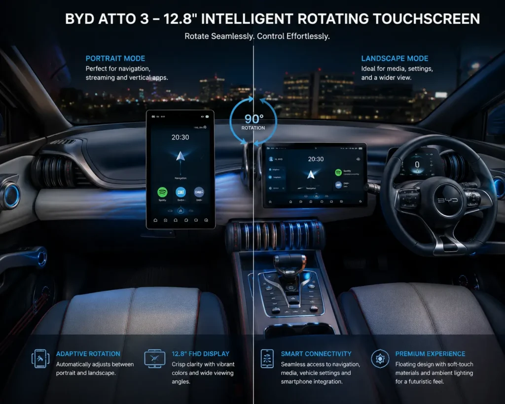 BYD Atto 3 dashboard with rotating touchscreen infotainment system.