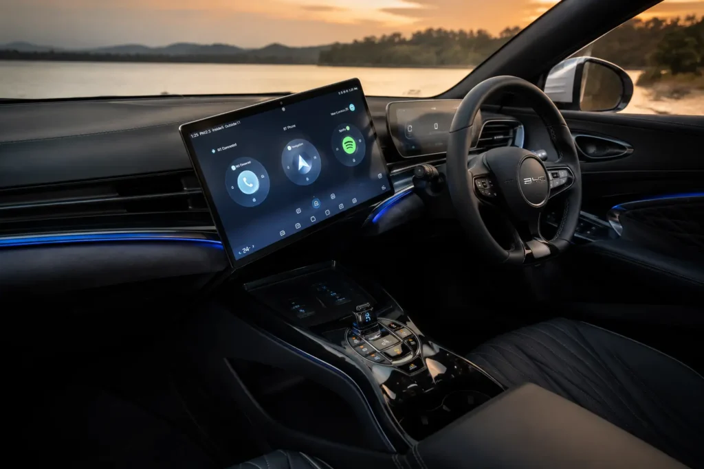 BYD Seal interior with rotating touchscreen infotainment system
