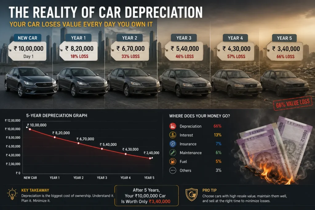 Car depreciation showing value loss over five years in India