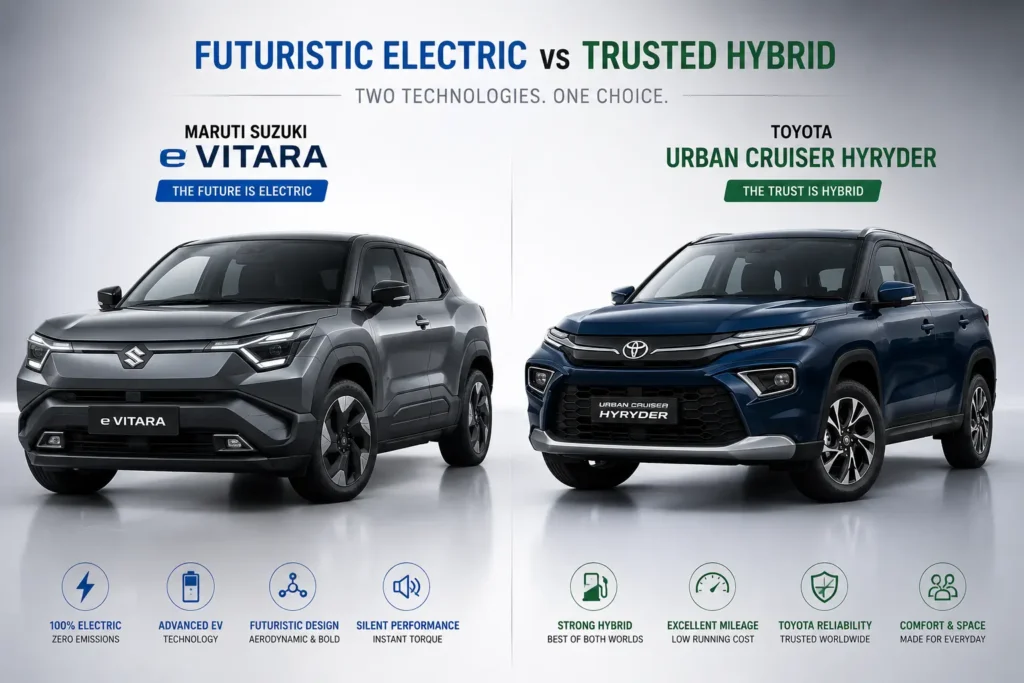 Maruti Suzuki e Vitara vs Toyota Hyryder: Exterior styling comparison of e Vitara futuristic SUV and Toyota Hyryder traditional SUV.