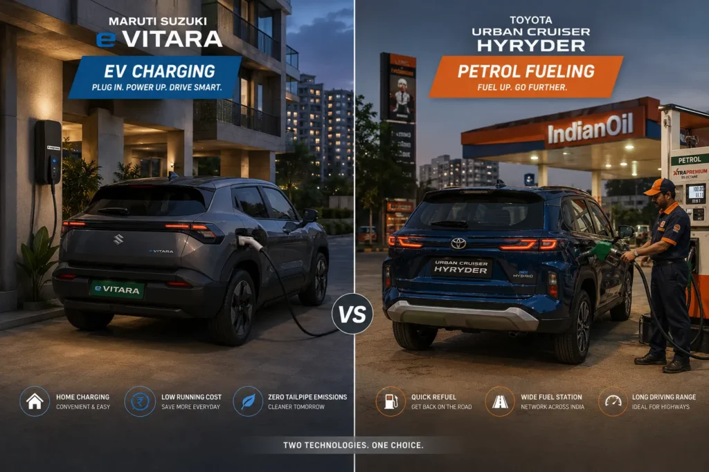 Lifestyle comparison of charging e Vitara EV and refueling Toyota Hyryder hybrid.