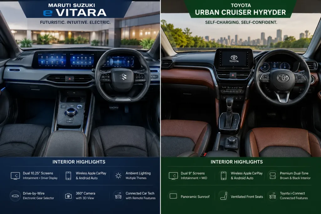 Maruti Suzuki e Vitara vs Toyota Hyryder: Interior dashboard comparison of Maruti e Vitara and Toyota Hyryder.