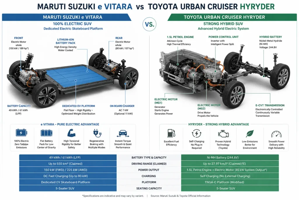 Maruti Suzuki e Vitara vs Toyota Hyryder: Comparison of e Vitara electric platform and Toyota Hyryder hybrid powertrain architecture.