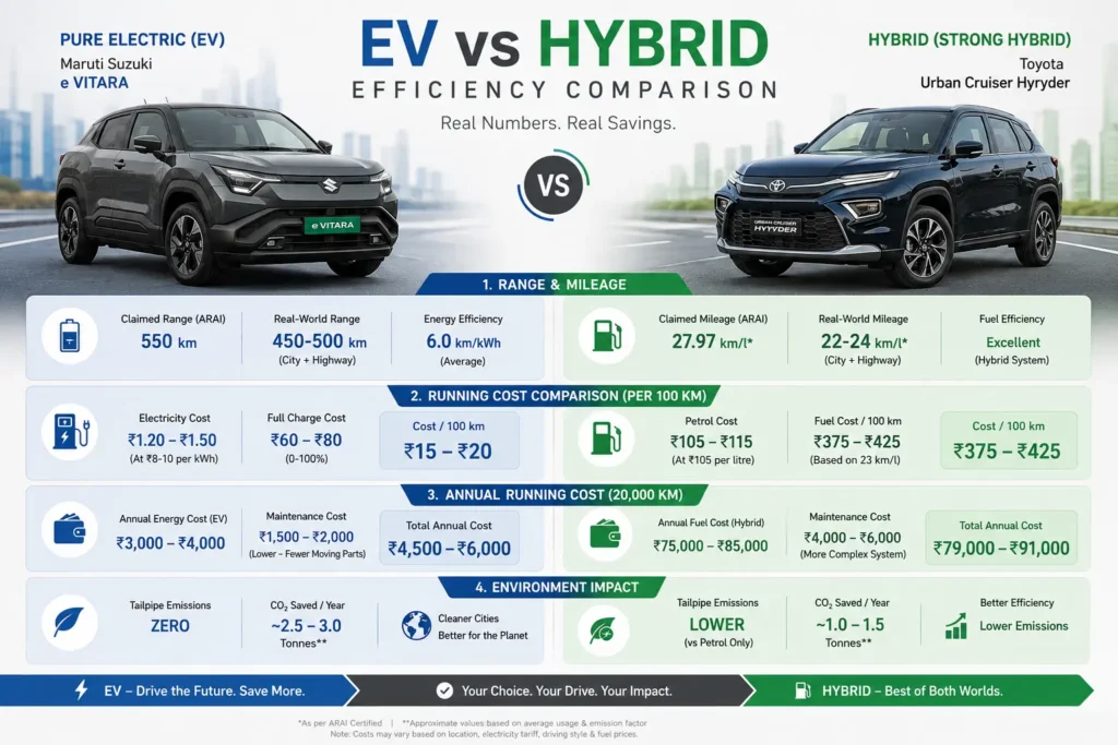 Maruti Suzuki e Vitara vs Toyota Hyryder: Range and fuel efficiency comparison between e Vitara EV and Toyota Hyryder hybrid.