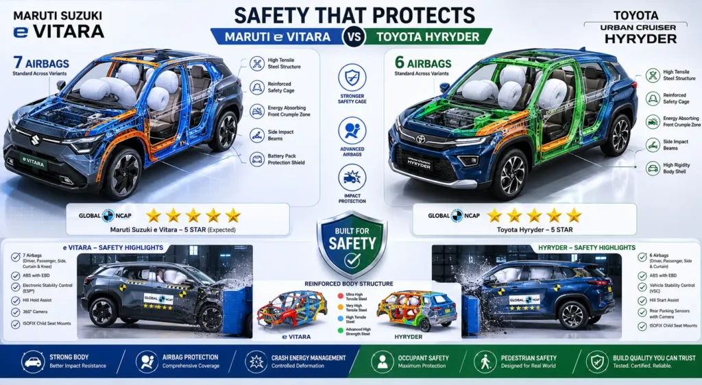 Safety and crash protection comparison between e Vitara and Toyota Hyryder.
