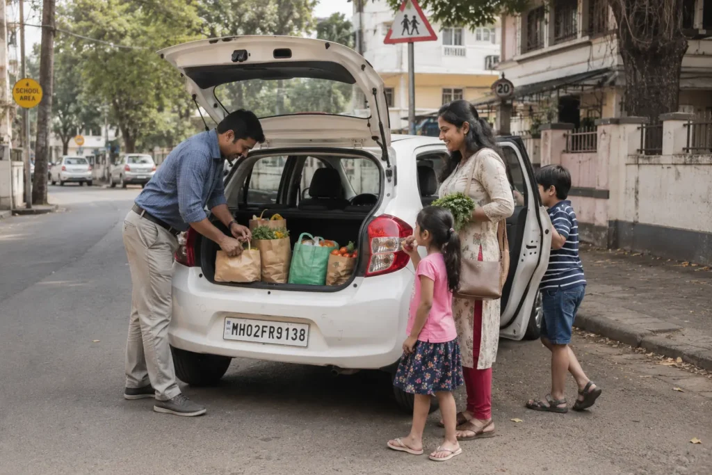 Indian family using affordable hatchback for city commuting