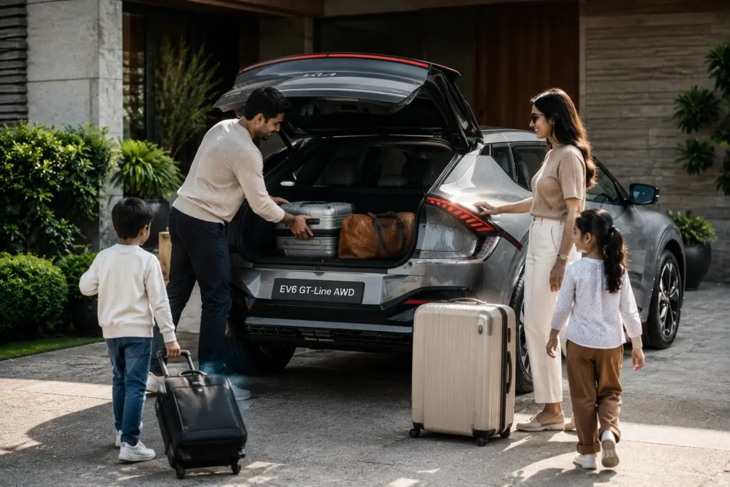 Kia EV6 luxury family road trip lifestyle scene