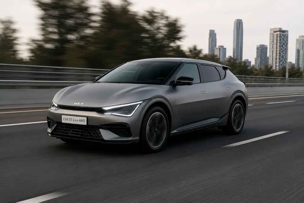 Side profile of Kia EV6 showcasing aerodynamic coupe styling