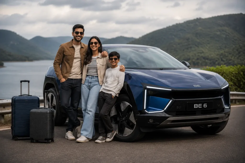 Indian family with Mahindra BE 6 on a road trip