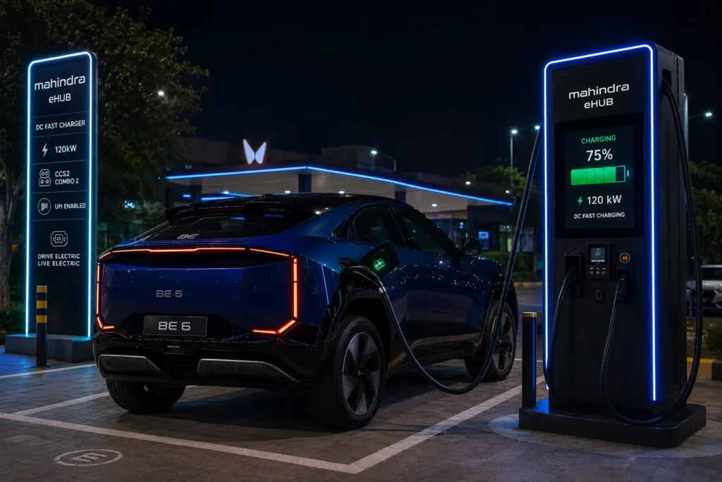 Mahindra BE 6 charging at a DC fast charging station