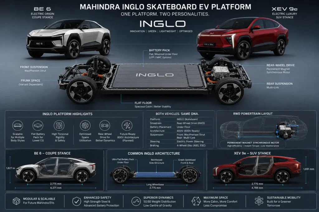 Mahindra INGLO skateboard EV platform showing BE 6 and XEV 9e architecture.