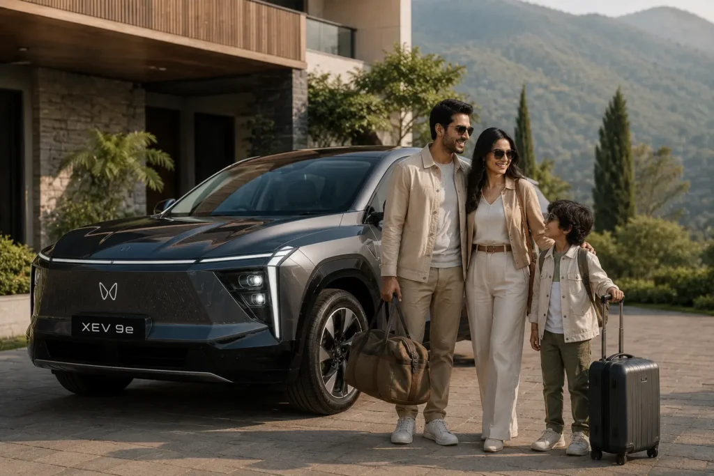 Family with Mahindra XEV 9e on a premium road trip