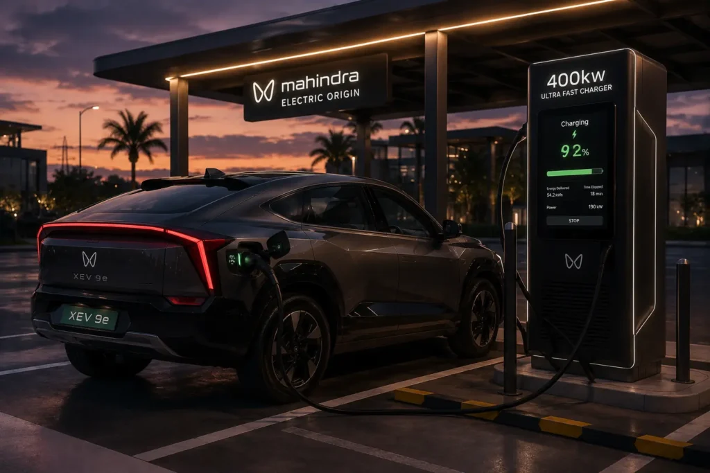 Mahindra XEV 9e connected to a fast charging station
