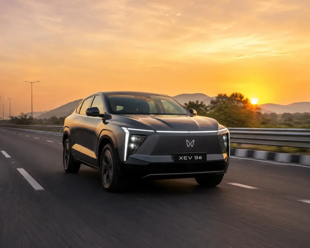 Mahindra XEV 9e driving on an Indian highway