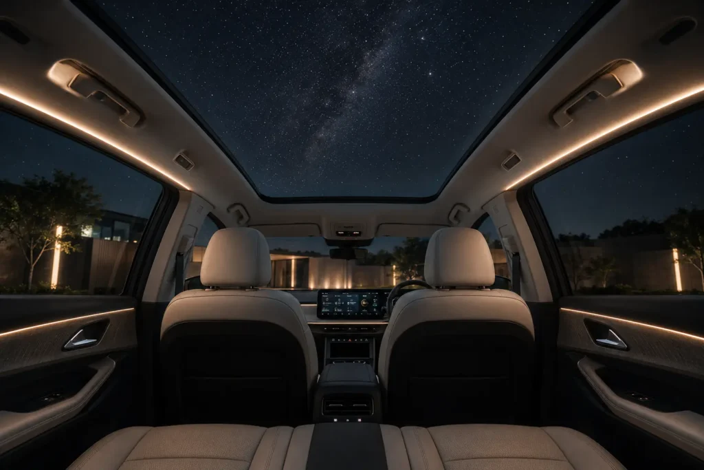 Mahindra XEV 9e panoramic sunroof and premium cabin