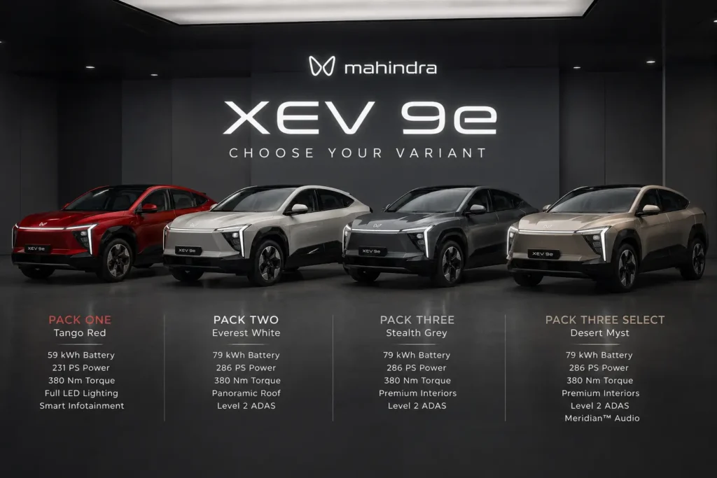 Mahindra XEV 9e variants in different color options