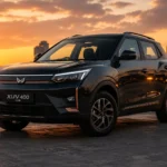 2026 Mahindra XUV400 EV parked on an urban road showing front design and SUV stance.