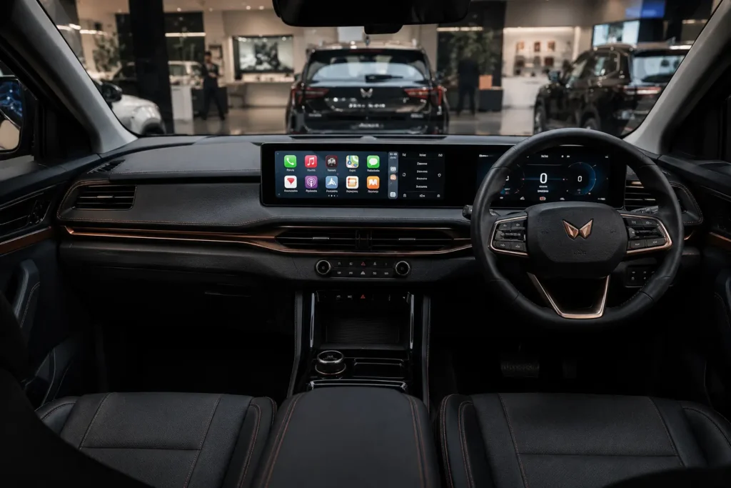 Mahindra XUV400 EV dashboard featuring dual 10.25-inch digital displays.